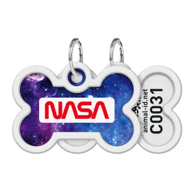 Адресник для собак и кошек металлический WAUDOG Smart ID с QR паспортом, «NASA21», кость, Д 40 мм, Ш 28 мм