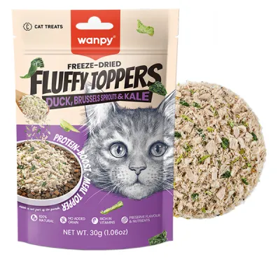 Wanpy Fluffy Toppers Duck, Brussels Sprouts & Kale ВАНПИ УТКА, БРЮССЕЛЬСКАЯ КАПУСТА И КЕЙЛ сублимированные лакомства для кошек, топпинг