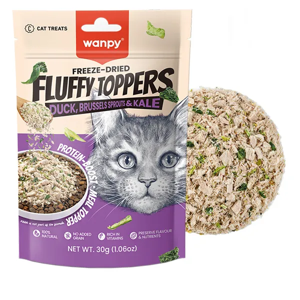Wanpy Fluffy Toppers Duck, Brussels Sprouts & Kale ВАНПИ УТКА, БРЮССЕЛЬСКАЯ КАПУСТА И КЕЙЛ сублимированные лакомства для кошек, топпинг — фото 1