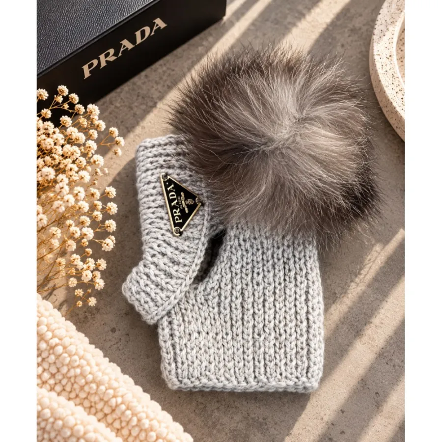 Шапка-труба для собак ручной вязки PRADA с люрексом, с натуральным из чернобурки бубоном, серая — фото 1