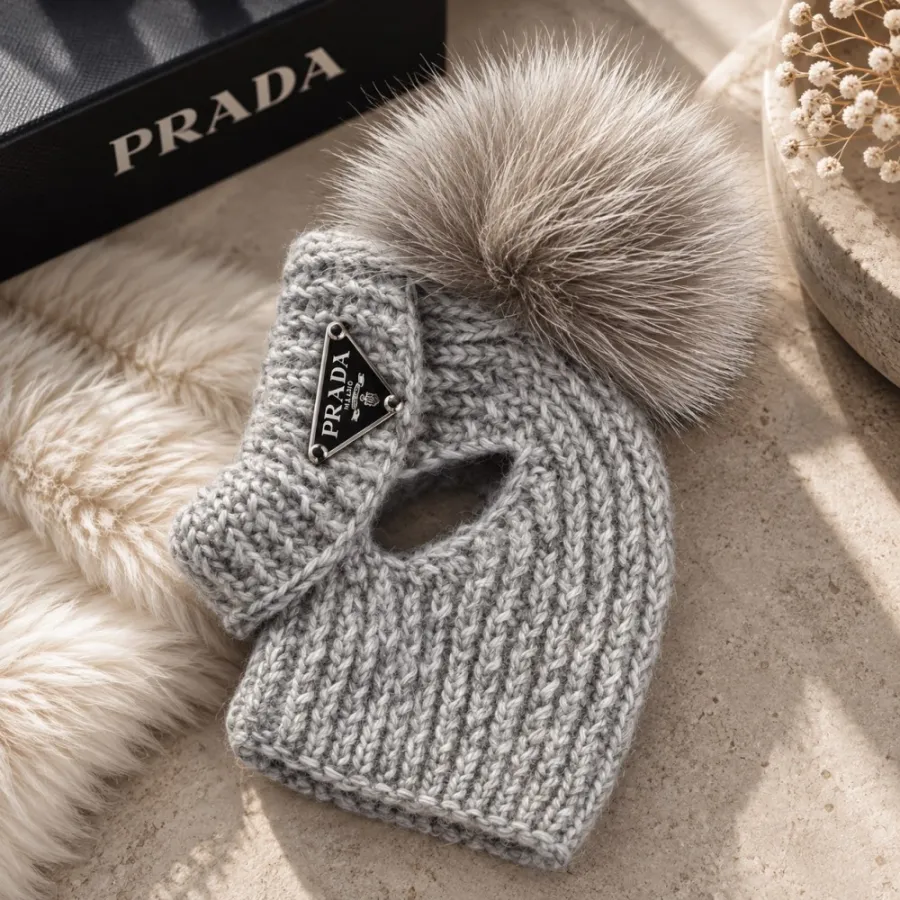 Шапка-труба для собак ручной вязки PRADA с натуральным серым бубоном, серая — фото 1