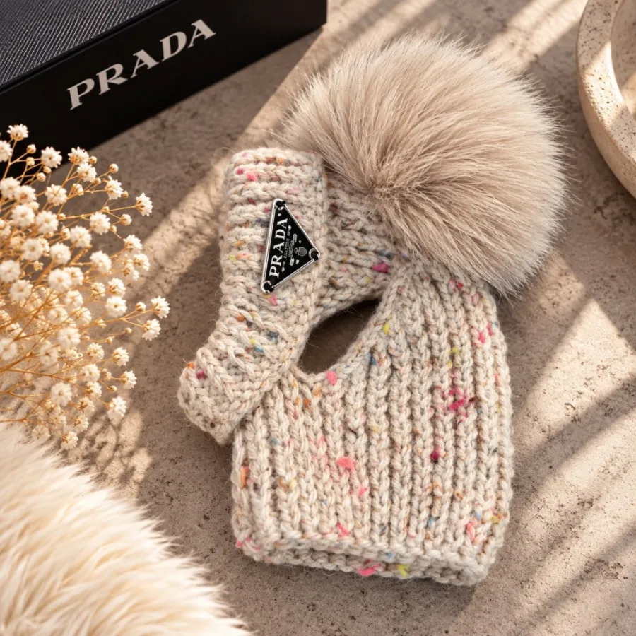 Брендовая шапка-труба для собак ручной вязки PRADA с натуральным бежевым помпоном, бежевая с розовым — фото 1