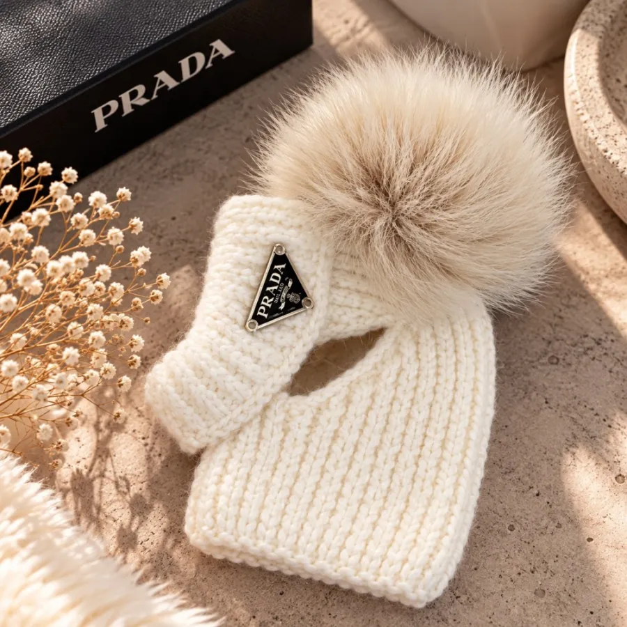 Шапка-труба для собак ручной вязки PRADA с натуральным кремовым бубоном, белая — фото 1