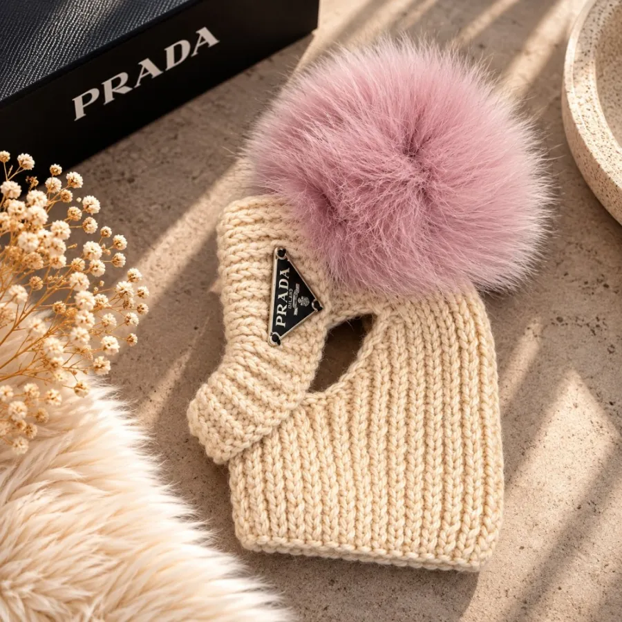 Шапка-труба для собак ручного в'язання PRADA з натуральним рожевим бубоном, кремова — фото 1