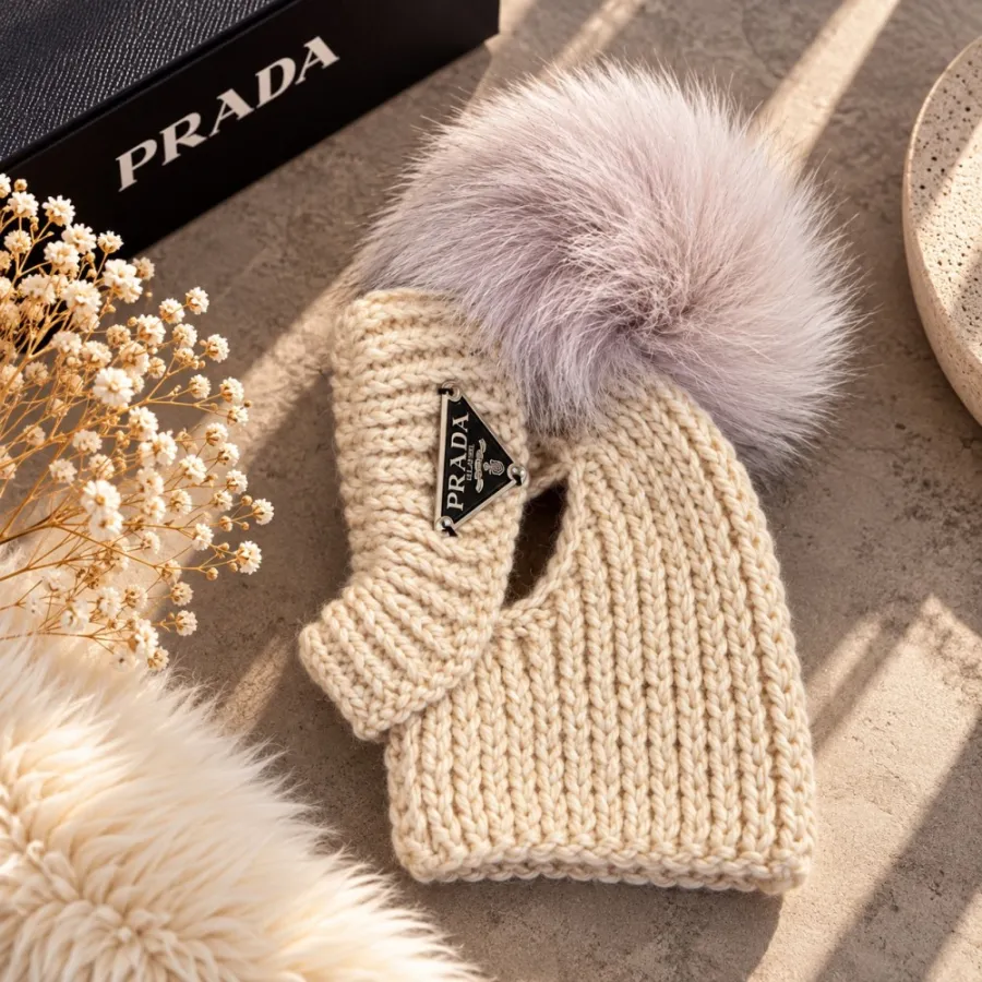 Шапка-труба для собак ручной вязки PRADA с натуральным серым бубоном, кремовая — фото 1