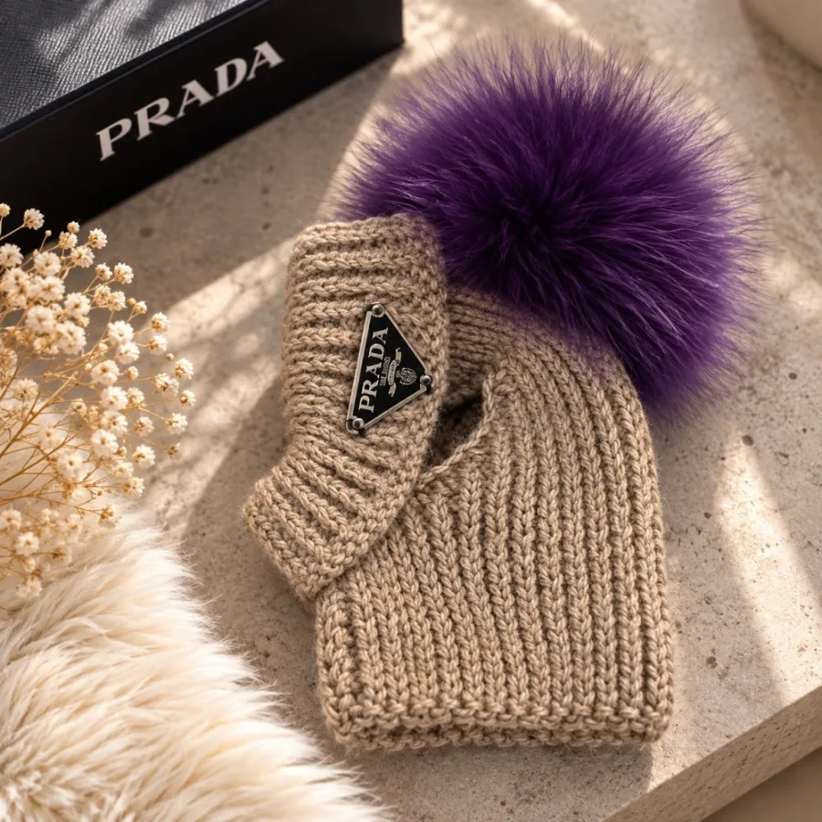 Шапка-труба для собак ручной вязки PRADA с натуральным фиолетовым бубоном, корчневая — фото 1
