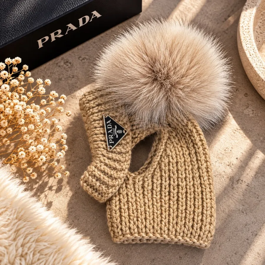 Шапка-труба для собак ручної в'язки PRADA з натуральним бежевим бубоном, бежева — фото 1
