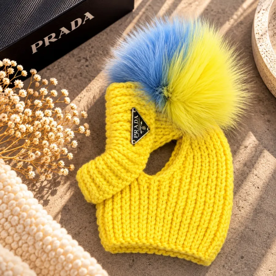 Шапка-труба для собак ручной вязки PRADA с натуральным желто-синим бубоном, желтая — фото 1