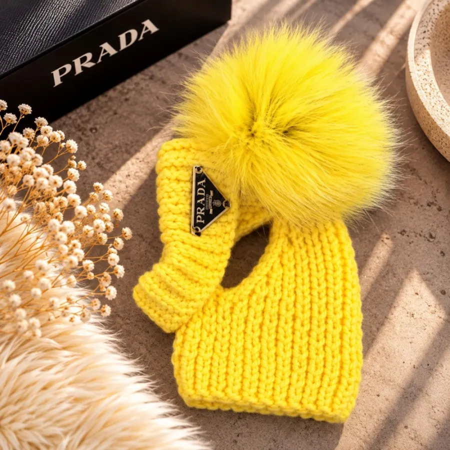 Шапка-труба для собак ручної в'язки PRADA з натуральним жовтим бубоном, жовта — фото 1