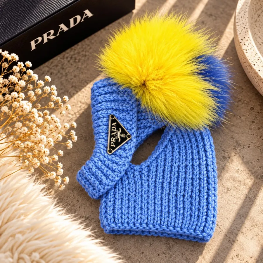Шапка-труба для собак ручной вязки PRADA с натуральным сине-желтым бубоном, синяя — фото 1
